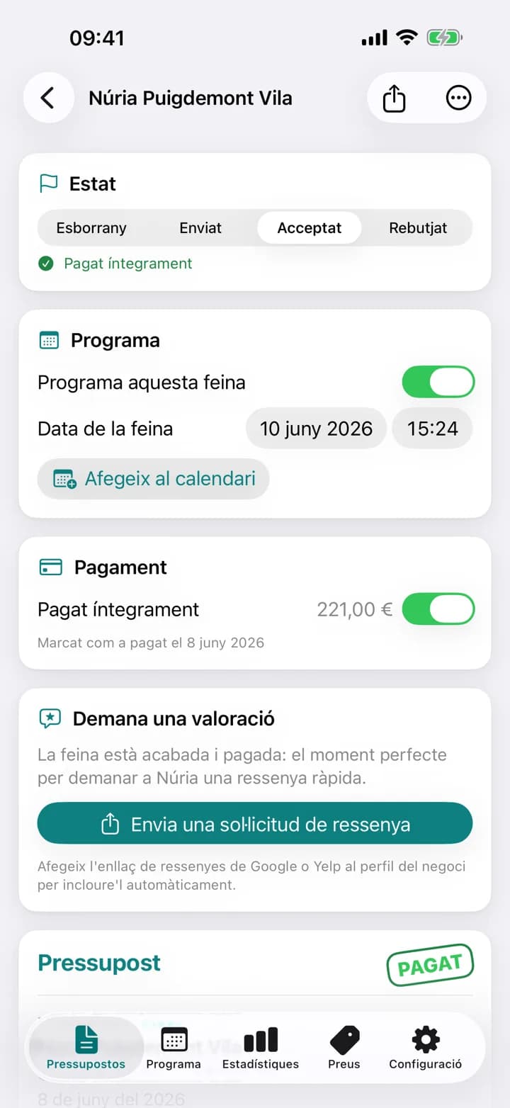 Un pressupost de neteja d'Estimaid, marcat com a pagat