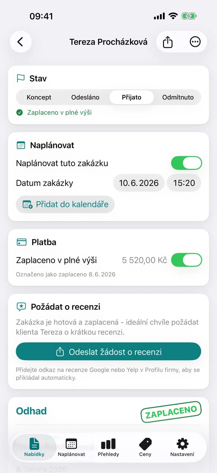 Úklidová nabídka Estimaid označená jako zaplaceno