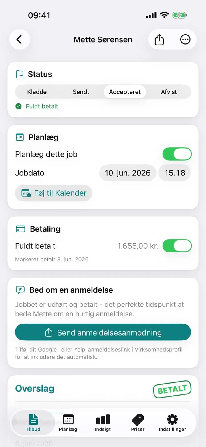 Et Estimaid-rengøringstilbud, markeret som betalt