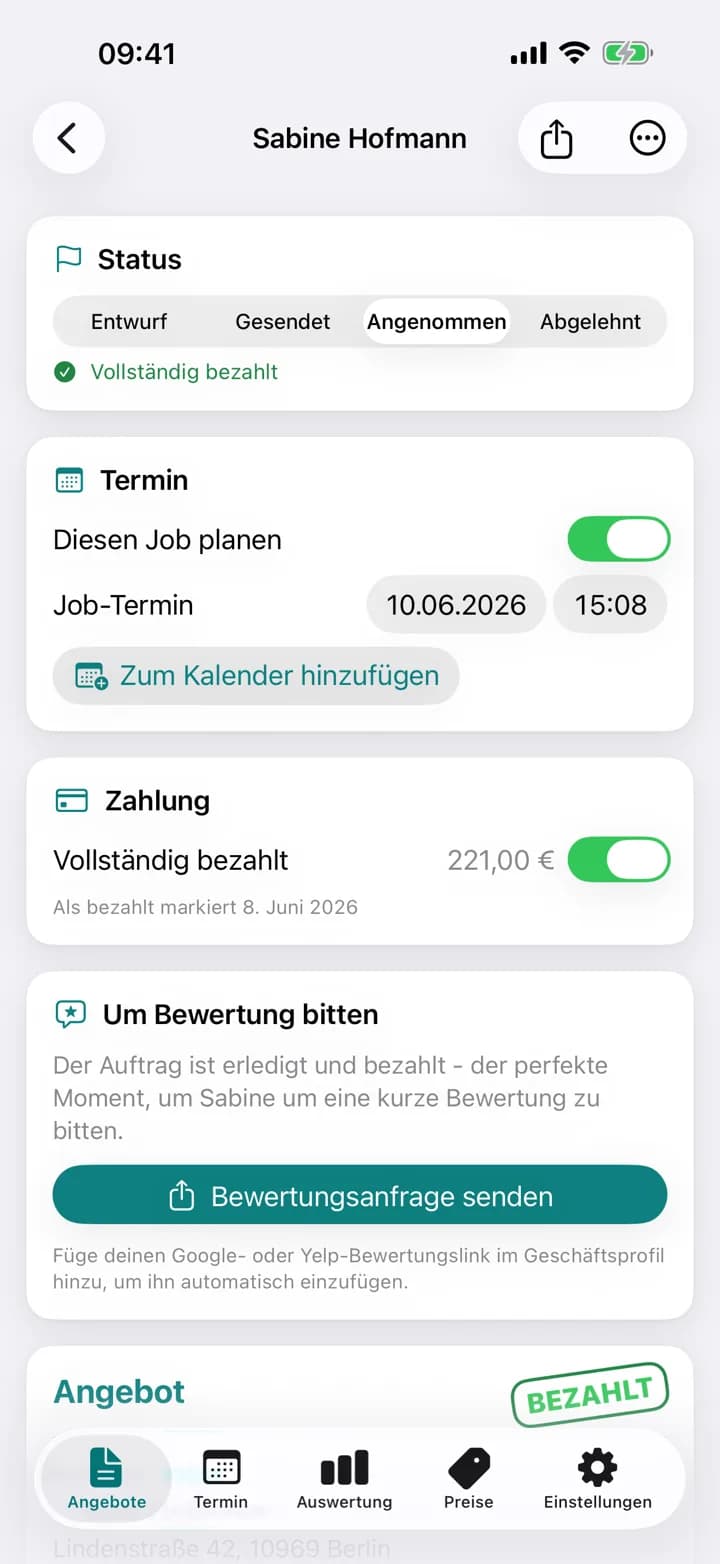 Ein Estimaid-Reinigungsangebot, als bezahlt markiert