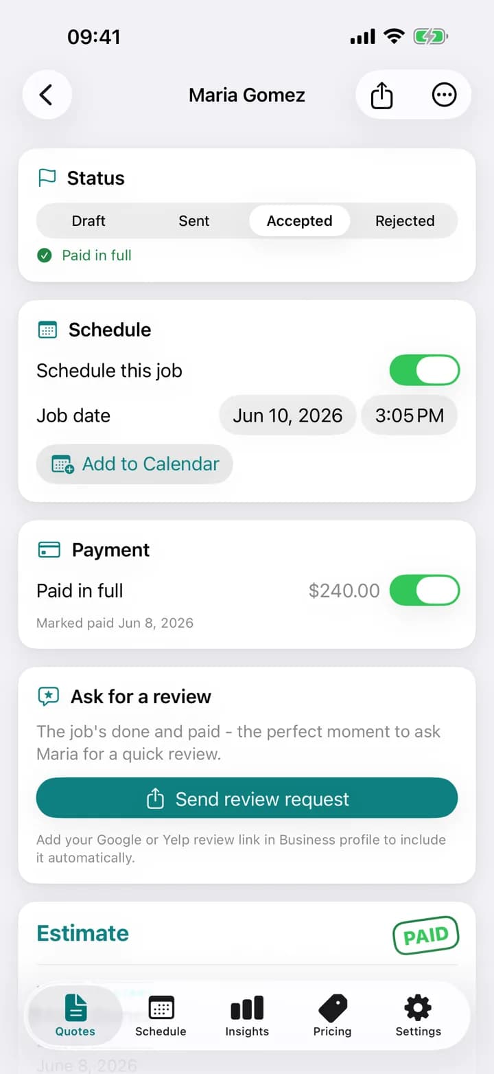 An Estimaid cleaning quote, marked paid