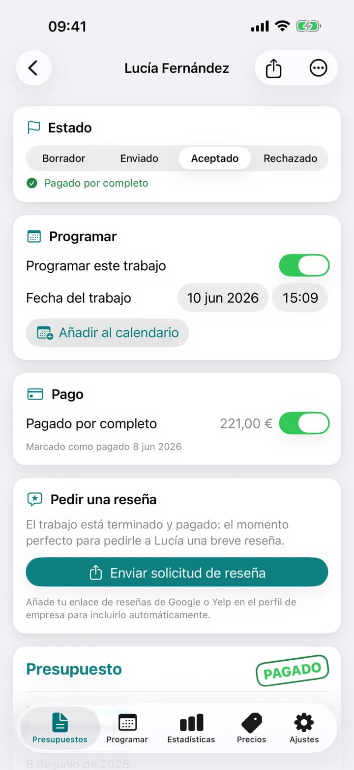 Una cotización de limpieza de Estimaid, marcada como pagada