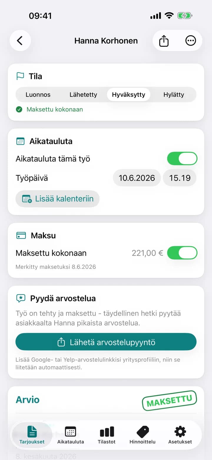 Estimaid-siivoustarjous, merkitty maksetuksi