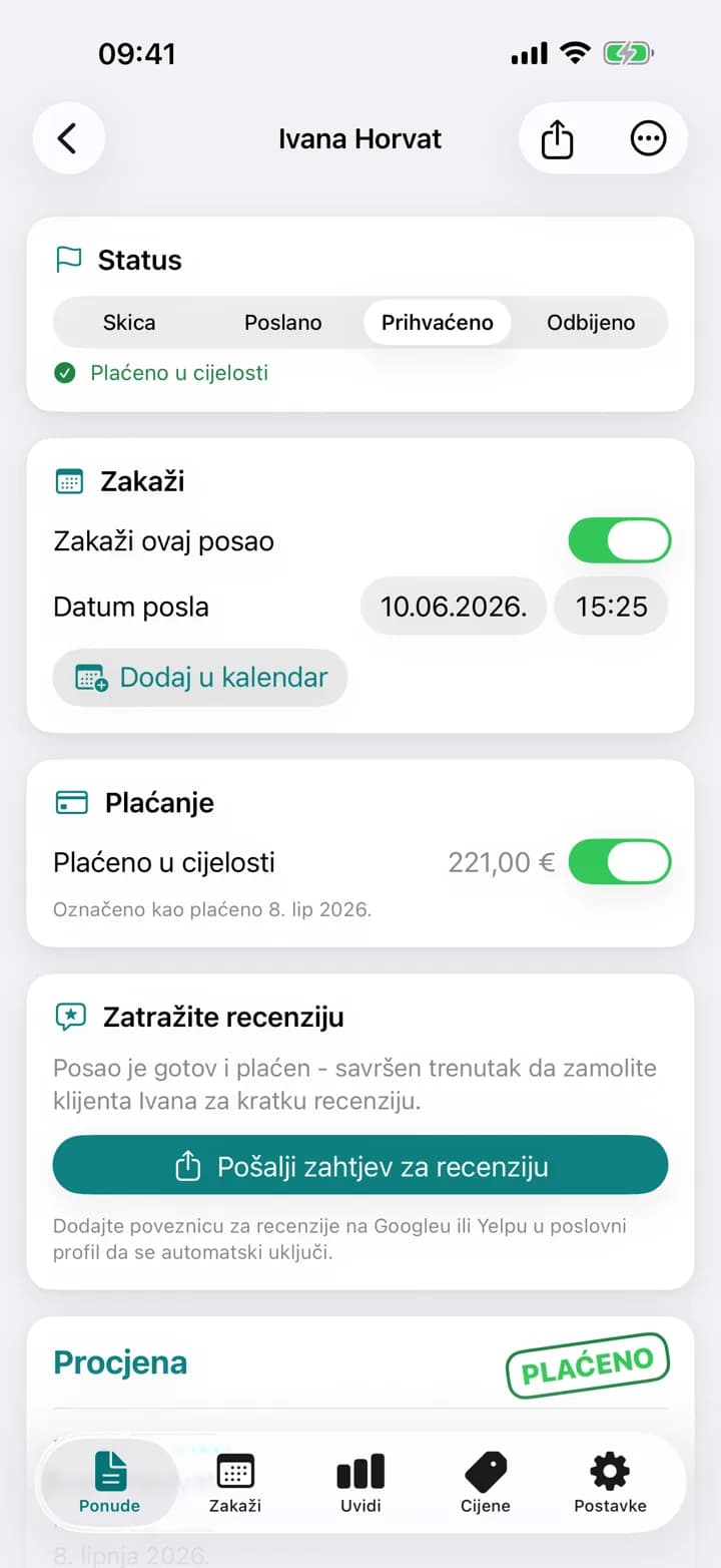 Estimaid ponuda za čišćenje, označena kao plaćeno