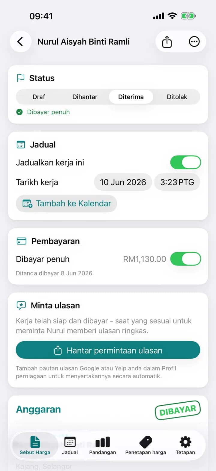 Sebut harga pembersihan Estimaid, ditanda dibayar