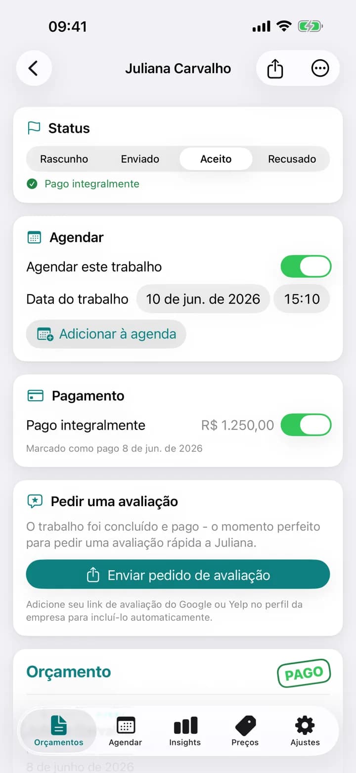 Um orçamento de limpeza Estimaid, marcado como pago