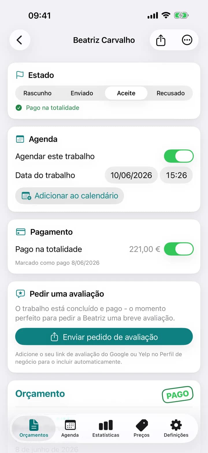 Um orçamento de limpeza do Estimaid, marcado como pago