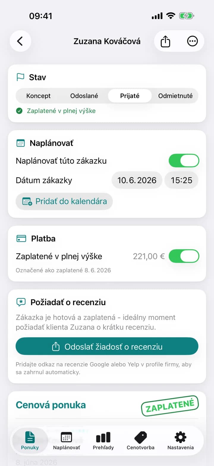 Cenová ponuka za upratovanie v Estimaid, označená ako zaplatená