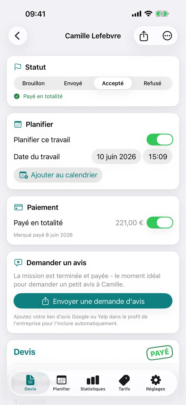 Un devis de nettoyage Estimaid, marqué payé