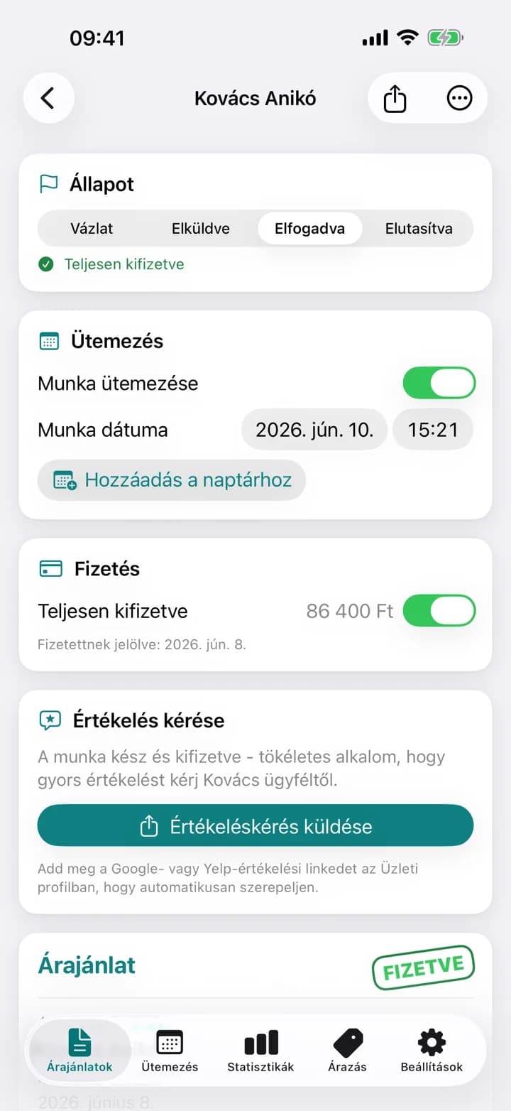 Egy Estimaid takarítási árajánlat, kifizetve jelöléssel