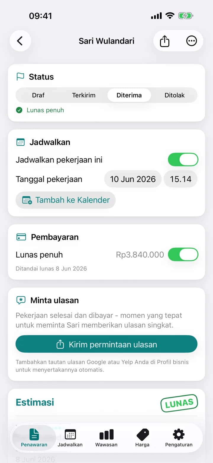 Penawaran kebersihan Estimaid, ditandai lunas