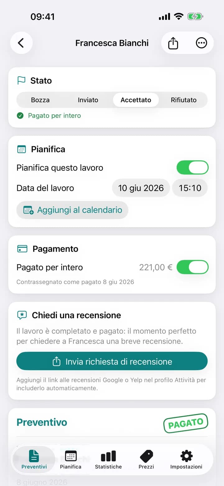 Un preventivo di pulizie Estimaid, contrassegnato come pagato