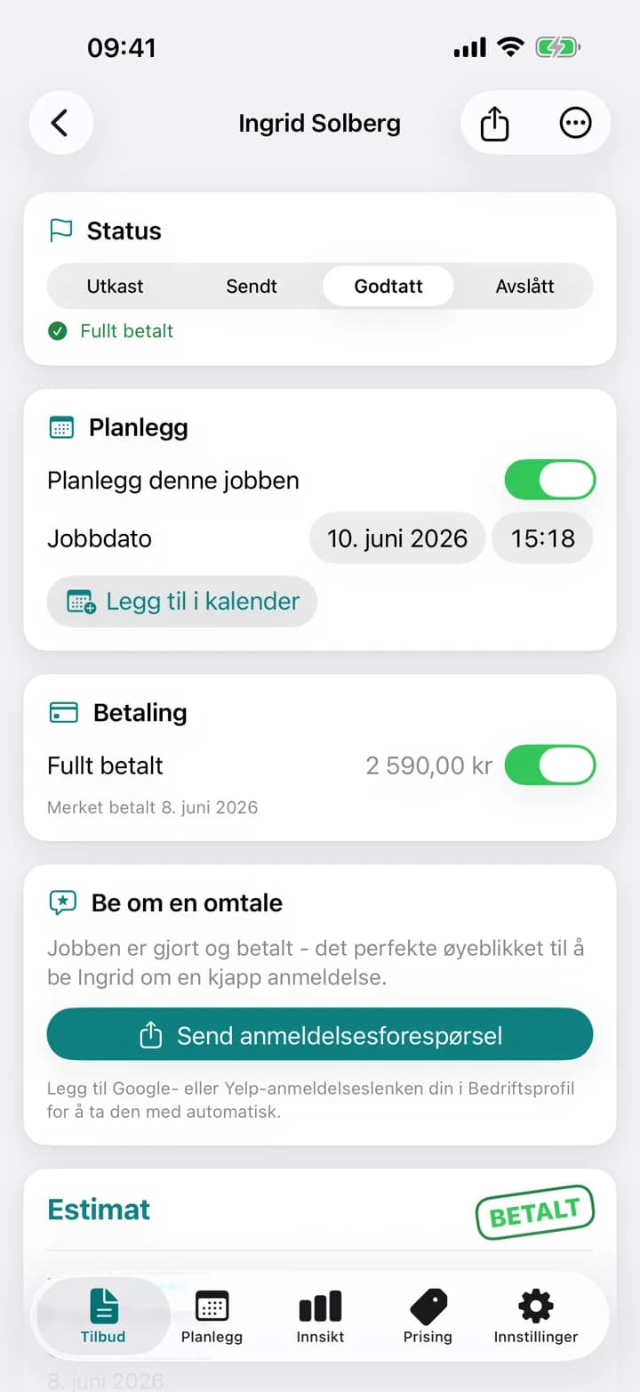 Et Estimaid-rengjøringstilbud, merket betalt