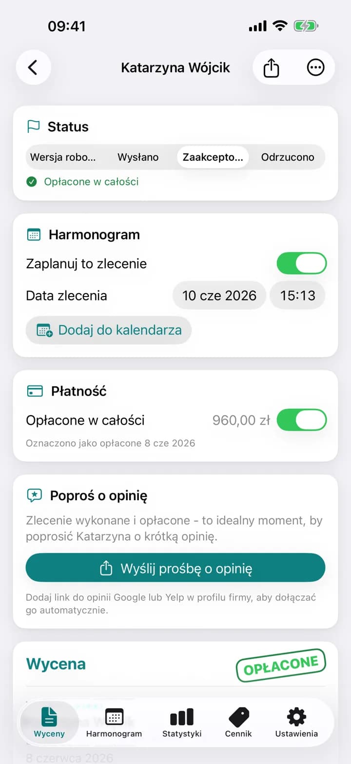 Wycena sprzątania Estimaid, oznaczona jako opłacona