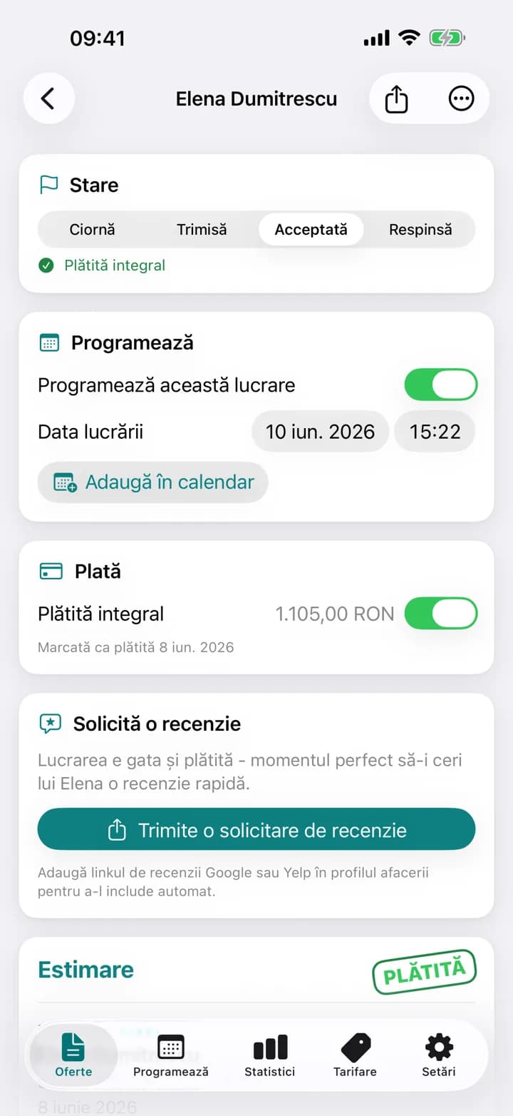O ofertă de curățenie Estimaid, marcată ca plătită