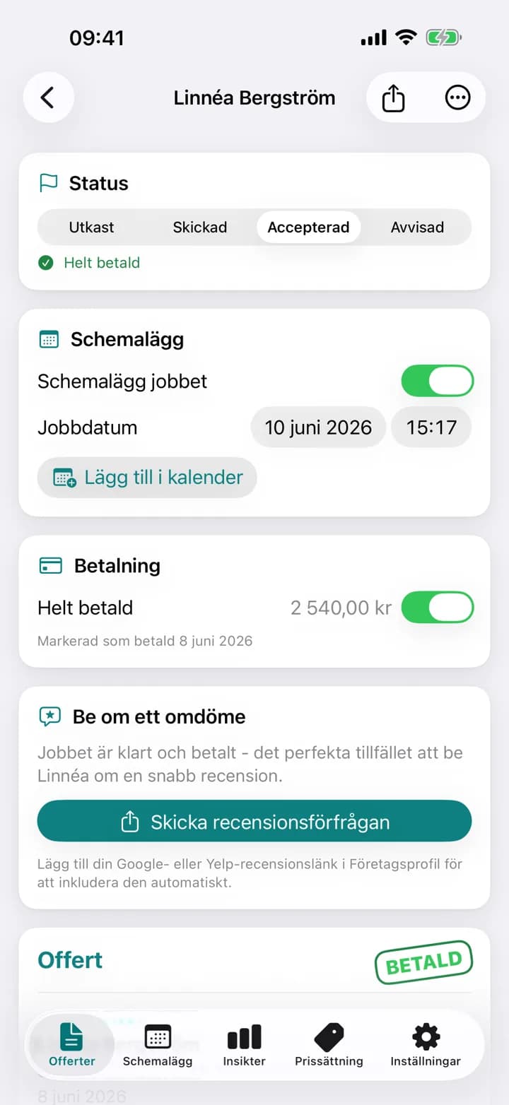 En Estimaid-städoffert, markerad som betald