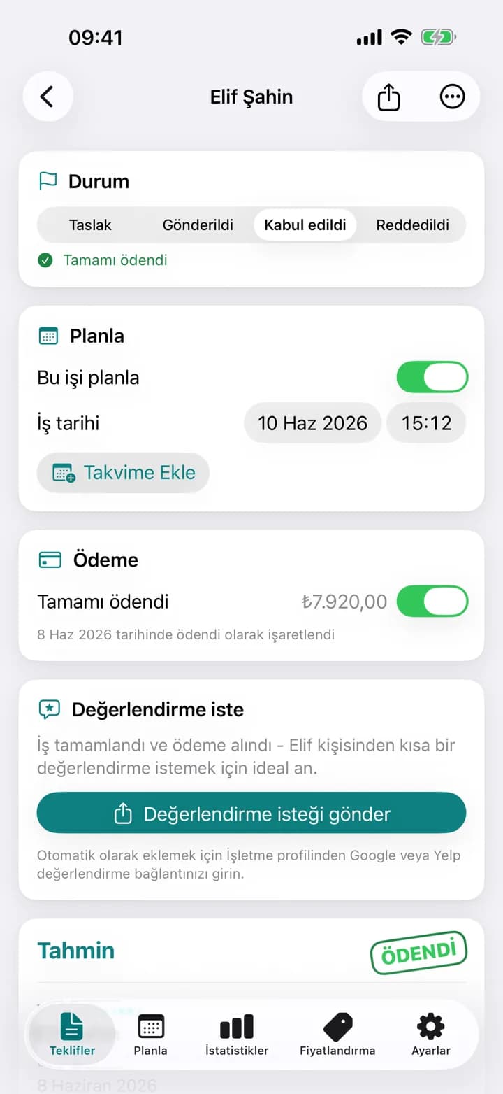 Ödendi olarak işaretlenmiş bir Estimaid temizlik teklifi