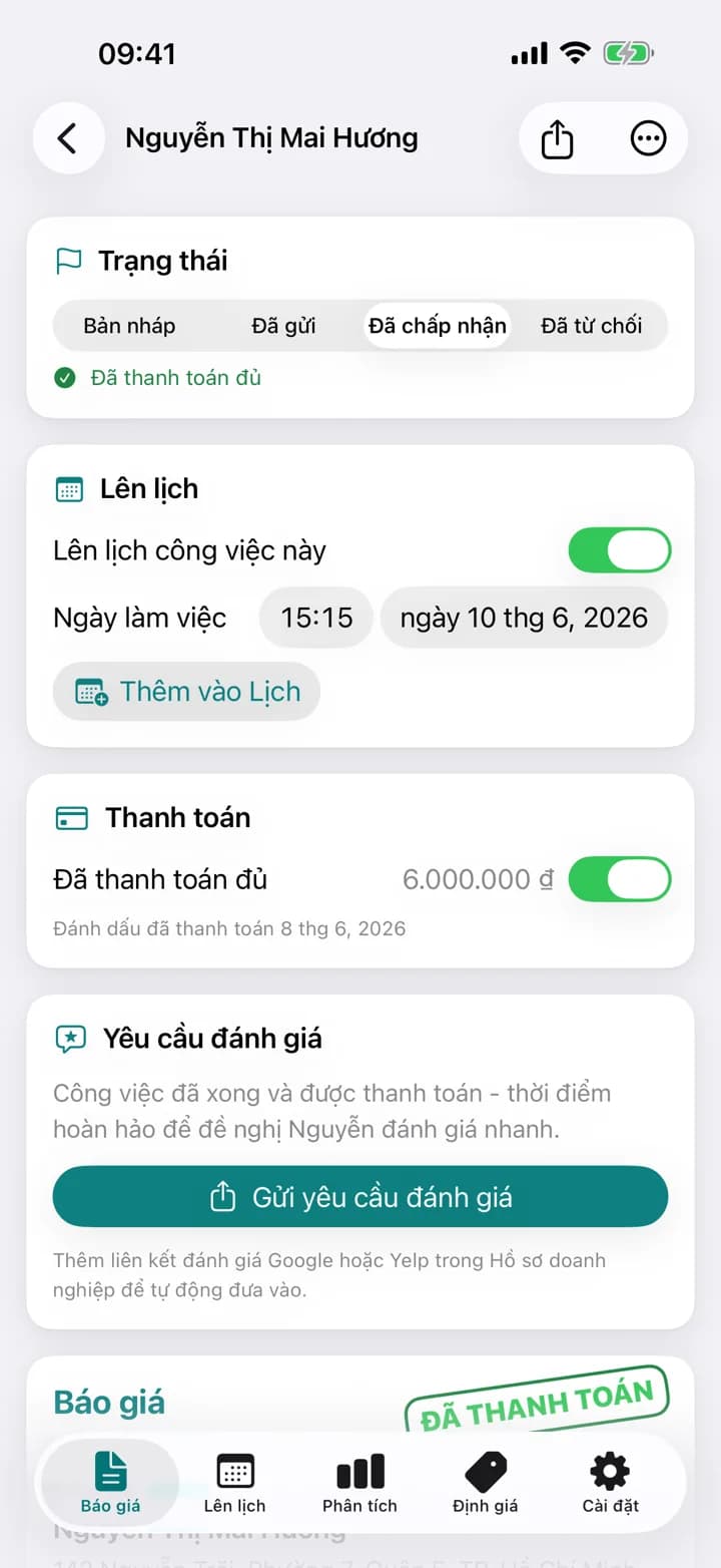 Một báo giá vệ sinh Estimaid, đã đóng dấu đã thanh toán